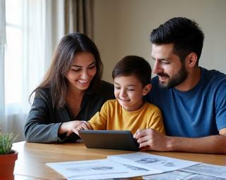 Familia revisando documentos financieros felizmente