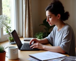 Persona trabajando en el hogar con un computador y elementos de negocio