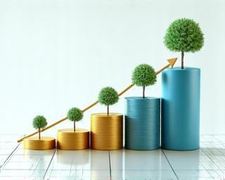 Gráfico de crecimiento financiero con monedas y un árbol