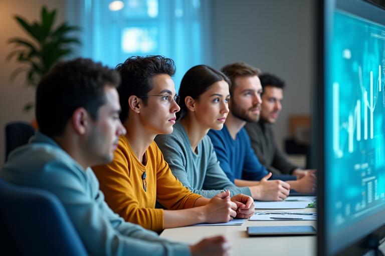 Grupo de personas aprendiendo sobre finanzas de forma colaborativa.