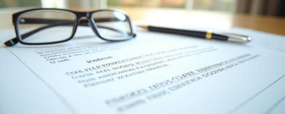 Imagen de un documento legal con un bolígrafo y gafas, simbolizando términos y condiciones.